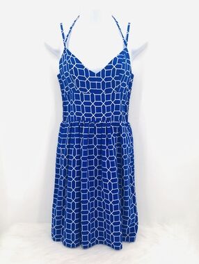 Amanda Uprichard Blue White Silk Geo Print  Spaghetti Strap mini Dress Small